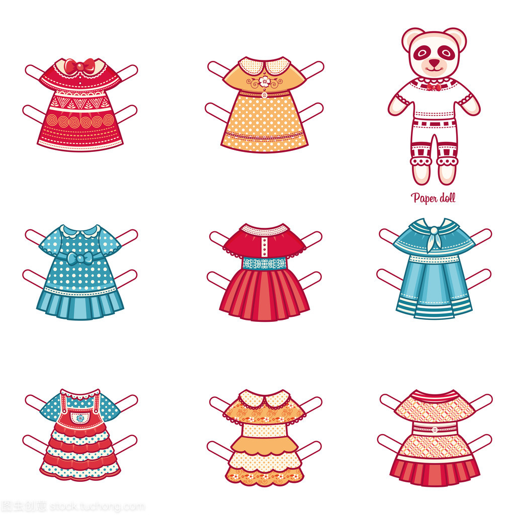 與一組時尚服裝的紙娃娃。白色背景上的矢量圖